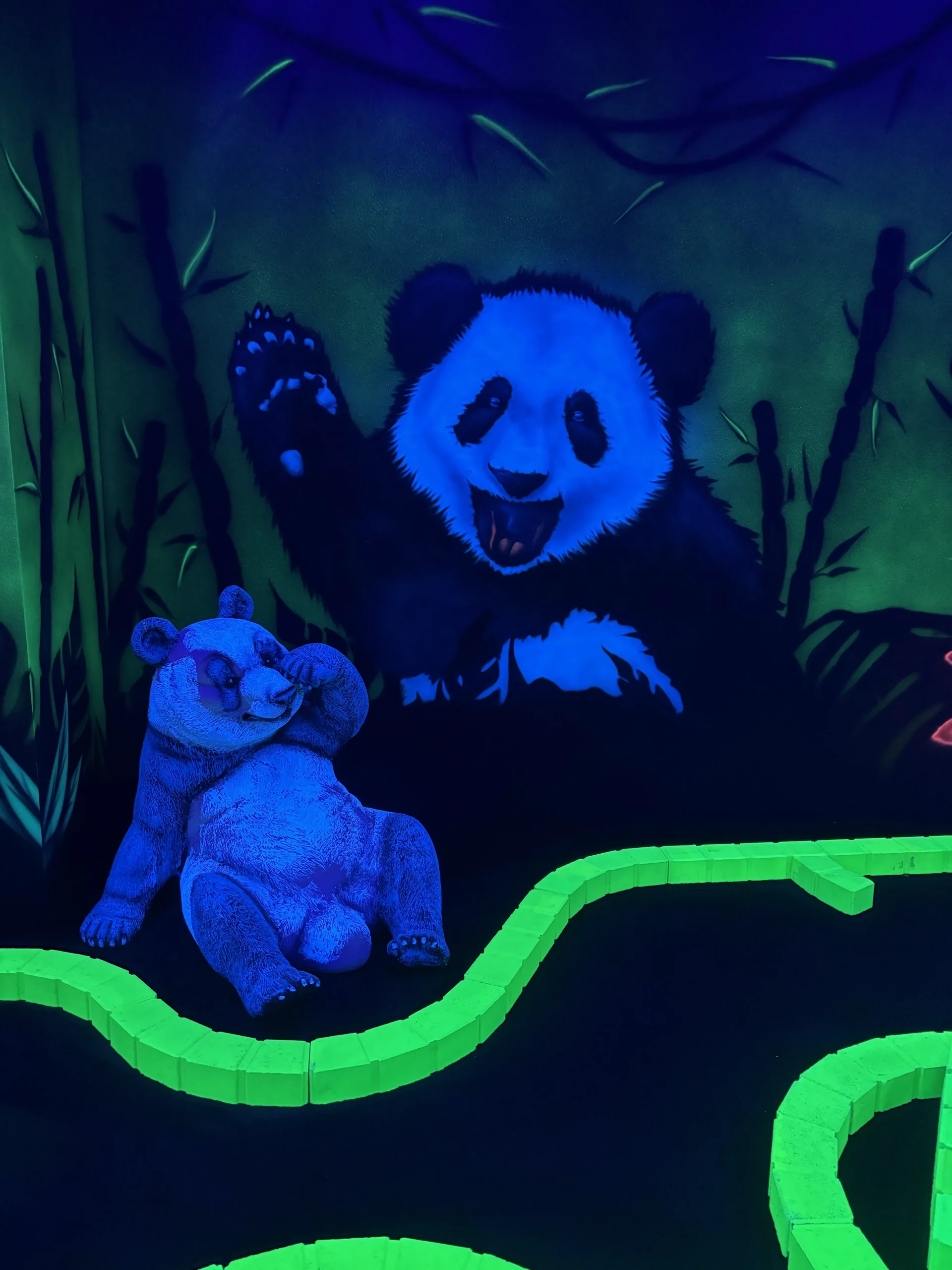 Panda peint à la peinture fluorescente dans la salle plongée dans le noir